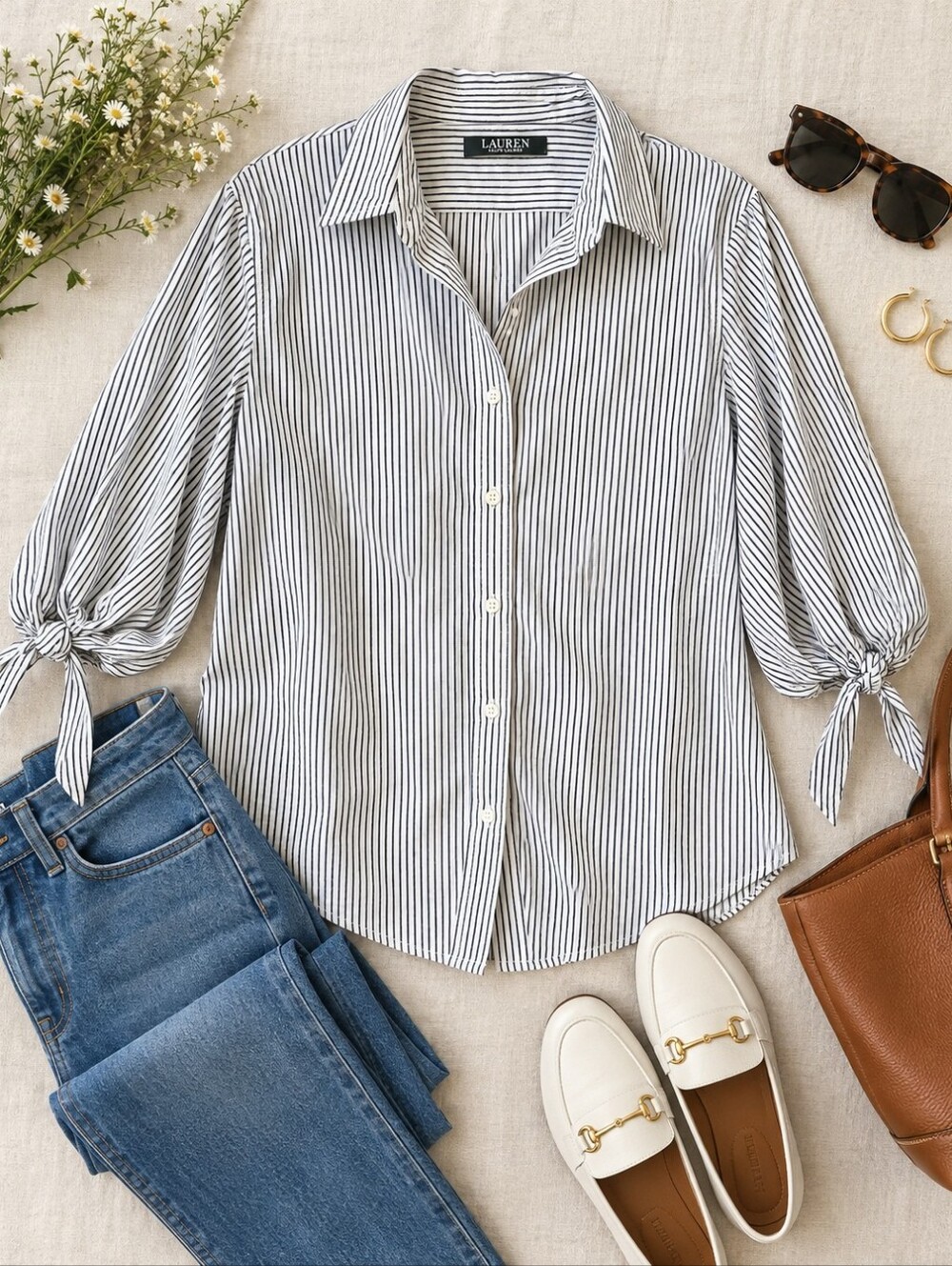 Lauren Ralph Lauren Striped Tie Sleeve Button Up Blouse XL
